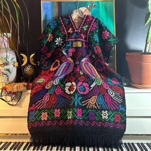 Vintage Mexican Huipil Tunic Poncho Embroidered Handmade Handwoven Birds Peacock